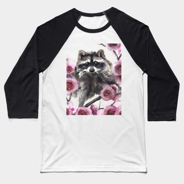 Raccoon and Flowers Baseball T-Shirt by Kira Balan